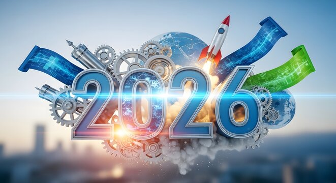 2026 futuristic innovation concept with rocket, gears, and blueprints