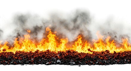 A strip of intense fire with bright orange flames and dark smoke rising from a bed of burning embers on a white background