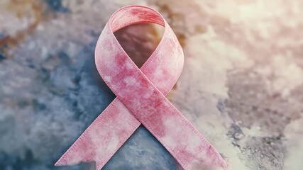 A pink ribbon lying flat on a table