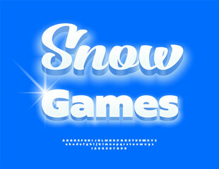 Vector Holiday emblem Snow Games. Unique Glowing White 3D Font. Winter style Alphabet Letters and Numbers set.