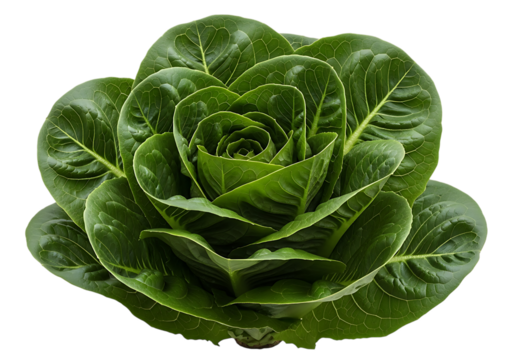 A vibrant head of fresh, crisp romaine lettuce with tightly packed, deep green leaves, isolated on transparent background