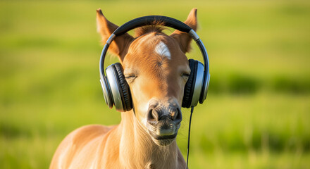 恍惚の表情で音楽を聞く仔馬、ヘッドホンで集中、没頭、2026年のユニークな干支素材