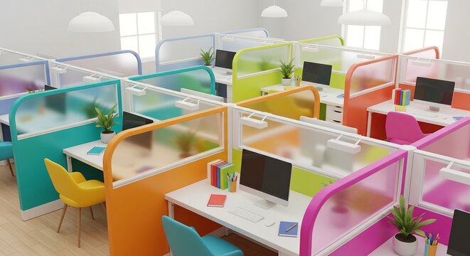 Dynamic & Bright Open-Plan Office with Modern Colorful Cubicle Workstations. Vibrant Interior Design for Startup Companies, Promoting Creativity and Collaboration