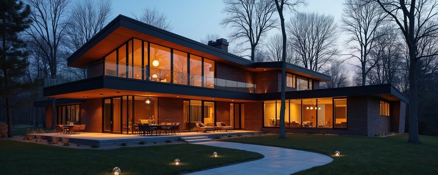 Modern angular house at dusk surrounded by trees. Large windows glow with warm interior light. Exterior features patio dining and lounge areas. Minimalist landscaping.