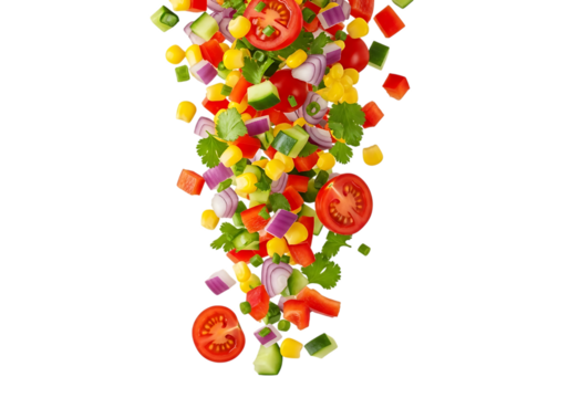 A vibrant mix of fresh, colorful chopped vegetables like tomato, onion, pepper, and corn falling against a pure transparent background, isolated on transparent background