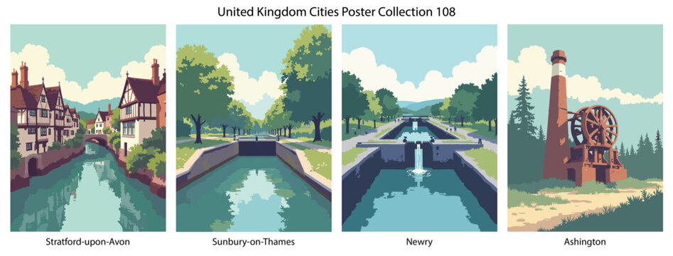 Stratford-upon-Avon, Sunbury-on-Thames, Newry, Ashington Flat Vector Poster Collection