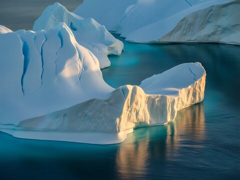 Majestic icebergs floating in calm arctic waters at sunset
