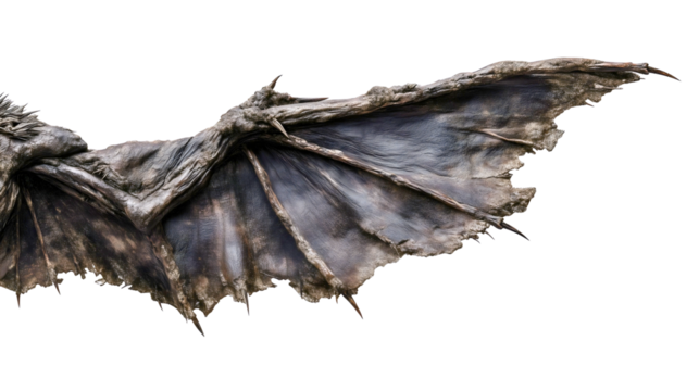 A tattered demon wing with holes isolated on a white background, a decaying dragon limb, a zombie monster appendage, a rotten leather texture, a scary undead creature prop.