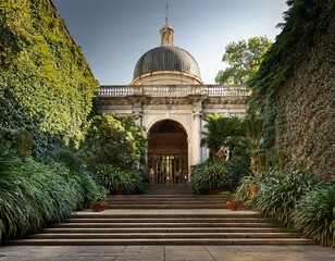 serene courtyard with steps leading to ornate dome and lush foliage