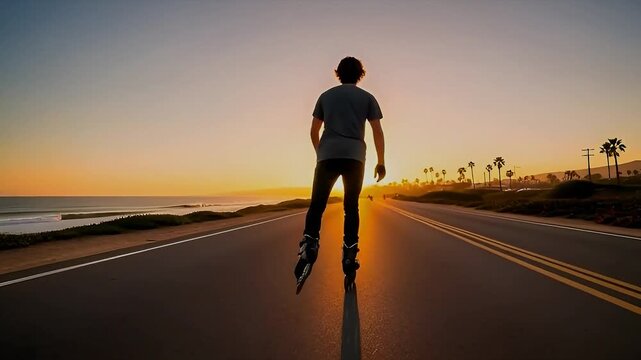 Inline skating at sunset: enjoying the golden hour on rollerblades by the ocean road coast scenic
