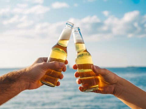 Cheers to summer vibes with ice cold beer on the beach, celebrating friendship and good times, ideal for travel blogs and vacation promotions