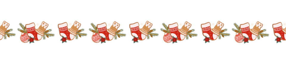 Seamless festive border pattern with gingerbread cookies, winter berry, pine branch and holiday elements.