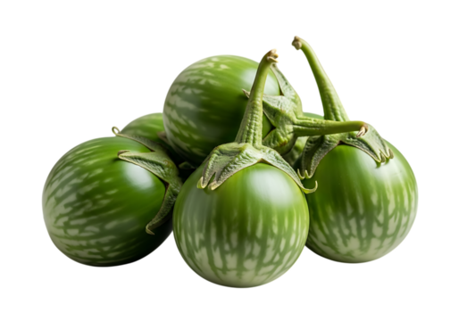 A pile of fresh, round thai eggplants with green and white stripes, isolated on transparent background