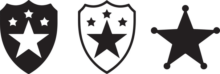 Three black icons of shields and a star on a white background Keywords: shield icon, star icon, badge icon, emblem icon, award icon, security