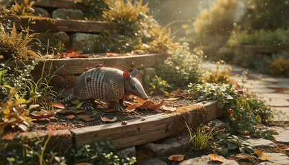 Young Armadillo Exploring a Sustainable Garden Ecosystem with Insect Diversification