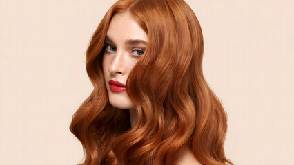 Naklejka premium Stunning redhead with voluminous waves and bold red lips exudes confidence and glamour