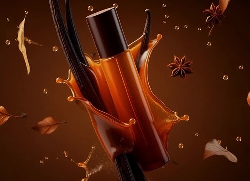 Vanilla extract flavor enhancer brown liquid splash product shot autumn leaves culinary ingredient aroma