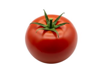 A single, ripe, red tomato with a vibrant green stem and leaves, isolated on transparent background