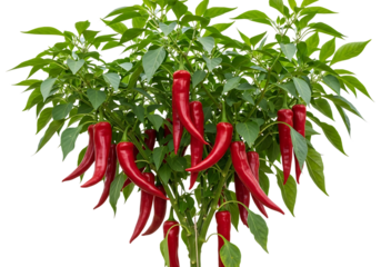 A vibrant chili pepper plant heavily laden with numerous bright red, elongated, and slightly curved hot peppers, isolated on transparent background