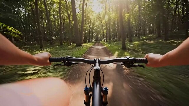 Mountain biking pov through forest trail: exhilarating ride, nature adventure, outdoor recreation, exercise