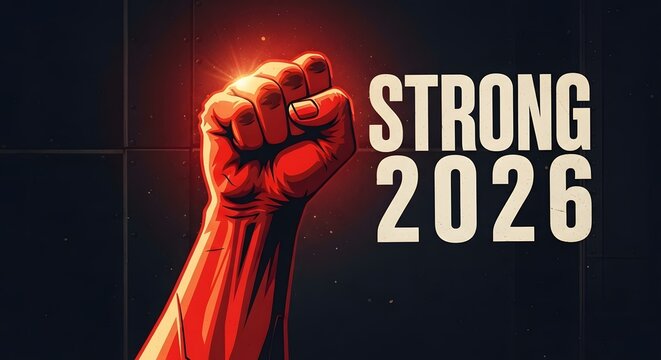 Red fist raised up with text strong 2026 on dark background
