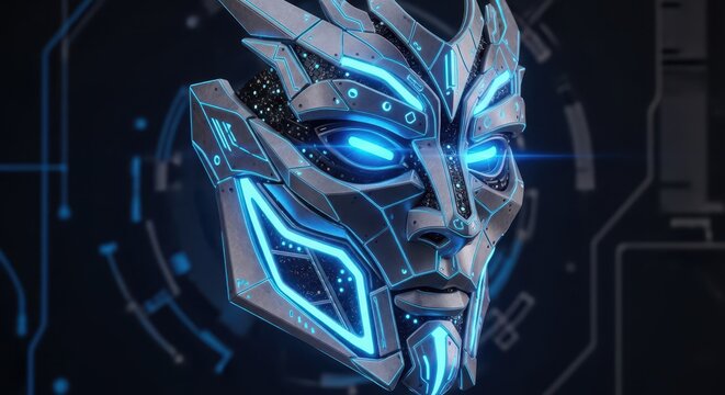 Futuristic metallic faceplate glows with intense blue light against a dark technological background.