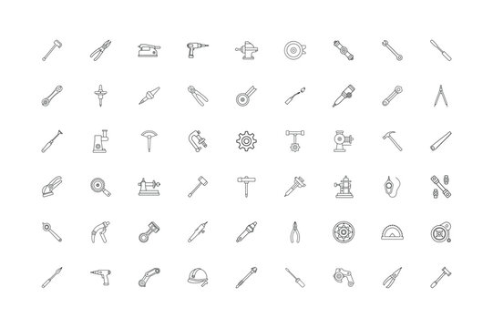 Set of linear hand tool icons designed for construction repair and diy themed artwork Vector illustration