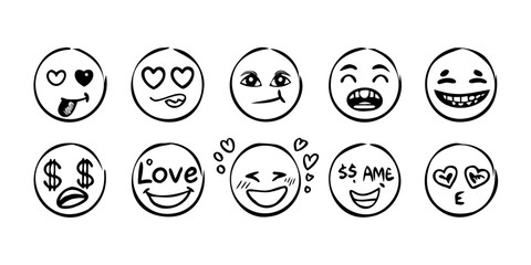 Hand drawn emoji faces with different expressions doodle 1