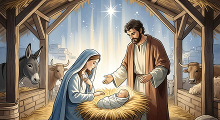 Nativity scene depicts sacred birth, Virgin Mary, Joseph, and baby Jesus in stable. Nativity scene portrays donkey, cow, and bright light symbolizing holiness. Use Nativity scene for Christmas cards,