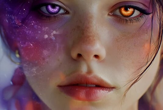 Heterochromia iridum girl portrait with purple and orange eyes fantasy art digital painting close up view