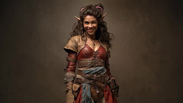 Young fantasy elf woman in adventurer outfit posing with a playful wink against a dark studio background for a mythical character concept