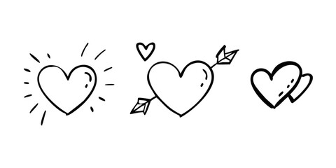 Hand drawn hearts with arrow and rays on white background