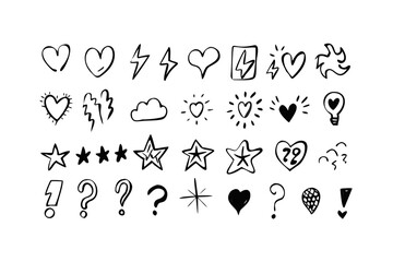 Hand Drawn Icons Hearts Stars Lightning Bolts Question Marks