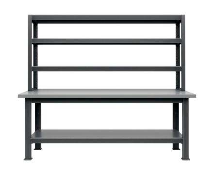 Modular shelving workbench with a sturdy steel frame, ideal for maintenance facilities.
