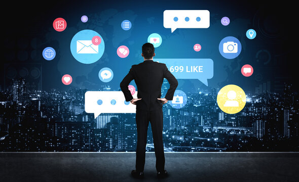 Multiple social media icons, likes, messages, and notifications representing online interaction, engagement, and digital communication Parse