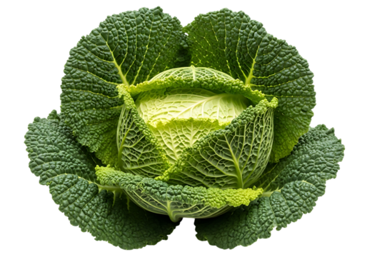 Fresh savoy cabbage with deeply crinkled dark green outer leaves and a pale green compact heart, isolated on transparent background