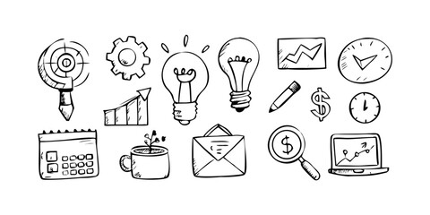 Hand Drawn Office and Business Icons Transparent Background