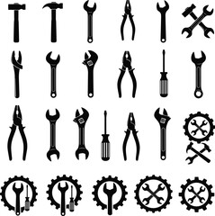 Set of Mechanical Tools and Repair Equipment Silhouette Icons - Hammer, Wrench, and Pliers Graphic