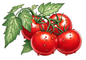 Vibrant illustration of ripe red tomatoes still attached to the vine with fresh green leaves and water droplets, isolated on transparent background