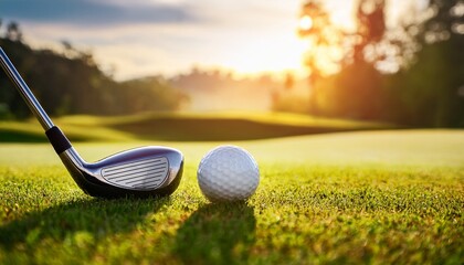 golf club rests beside ball on lush green grass putting club background