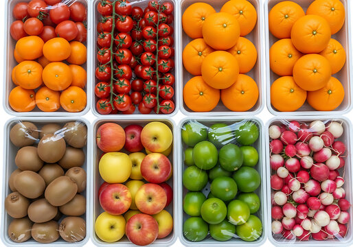 Topdown view of eight plastic trays filled with assorted fresh fruits and vegetables, including tomatoes, oranges, kiwi, apple, lime, and radish isolated on transparent background