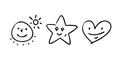 Happy Doodle Sun Heart Star Icons with Transparent Background