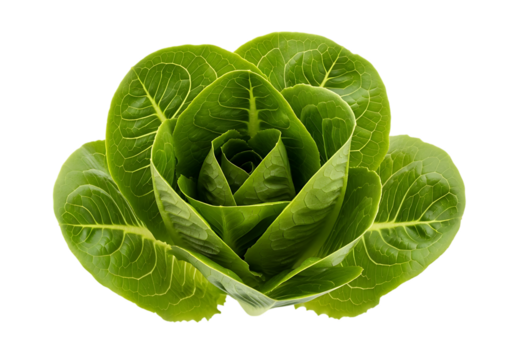 Fresh, vibrant green cos lettuce heart forming a beautiful rosette shape, isolated on transparent background