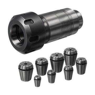 Collet chuck with collets for securing small diameter workpieces in a precision lathe.