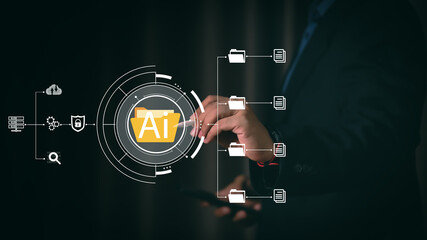 Businessman touching virtual interface of Document Management System DMS with AI artificial intelligence folder to manage digital file data structure and futuristic cloud security.