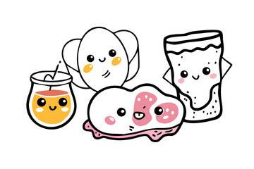 Kawaii breakfast doodles with eggs bacon and toast