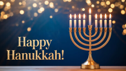 Warm glowing Hanukkah menorah with festive lights wishing joy and celebration this holiday season