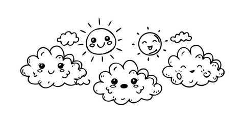 Kawaii smiling suns and moons with stars cute