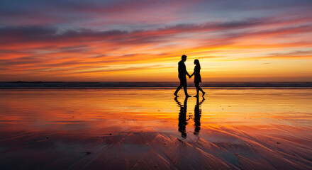 Silhouette of a couple holding hands walking on a wet beach at sunset with vibrant orange and pink sky reflection on the water