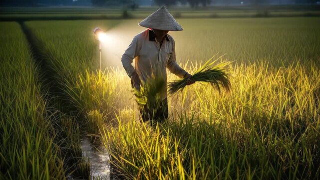 Farmer Harvesting Rice in a Field at Sunset Golden Hour.